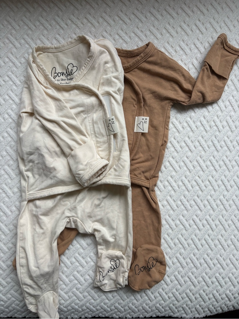 Bonsie bundle NB Footies in Oat and Mocha, skin to skin, buttery soft bamboo